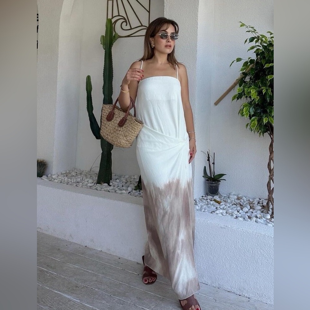 Zara NWT white beige brown ombré tie dye detail spaghetti strap midi maxi dress